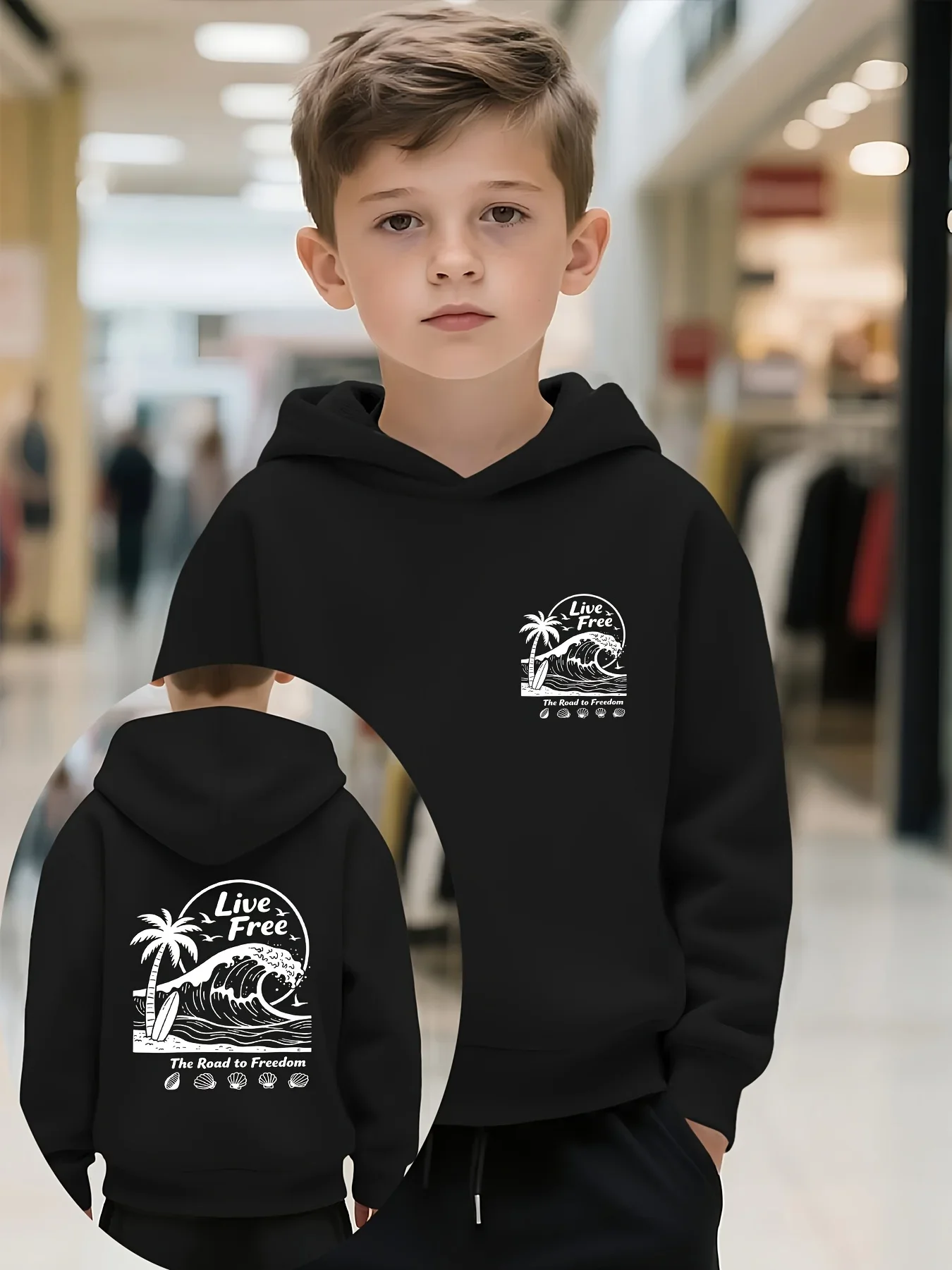 Boys' Trendy Fashion Hooded -Lined Thick Sweatshirt - Live Free Surf Wave Palm Tree Print Comfortable Warm Athletic Style