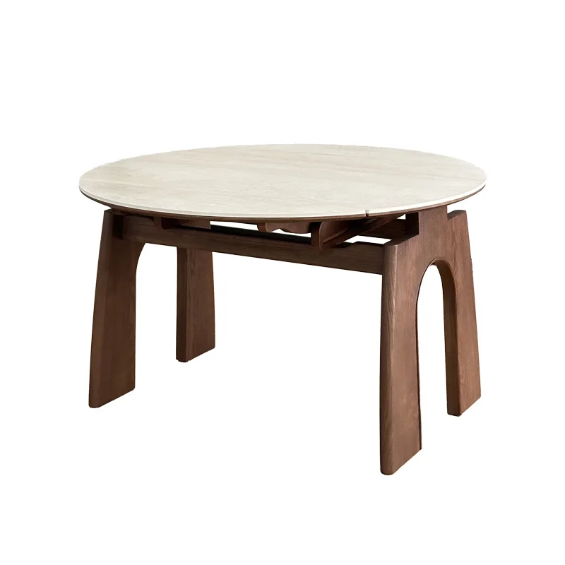 

Black walnut solid wood telescopic dining table Turning round table modern simple travertine slate dining table