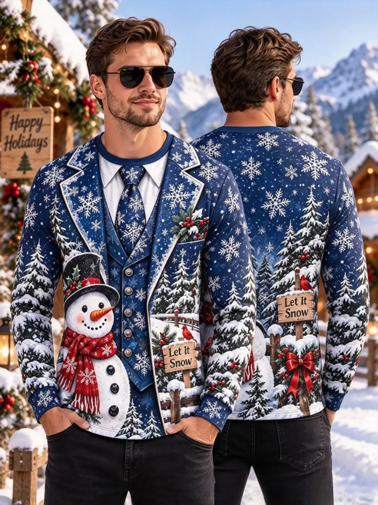 New Style Christmas Party Suit with Printed Design. Men's Long-sleeved Round-neck Loose-fitting Comfortable T-shirt Top.