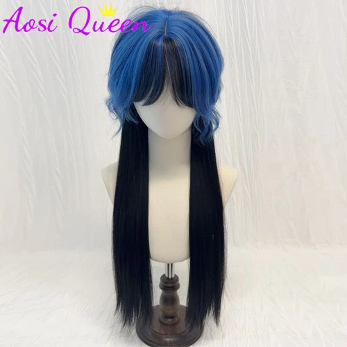 Imagen 2 del producto Peluca sintética de cola de lobo negro y azul, cabeza de taaleta de medusas, resaltado personalizado, peluca larga y recta de alto nivel resistente al calor