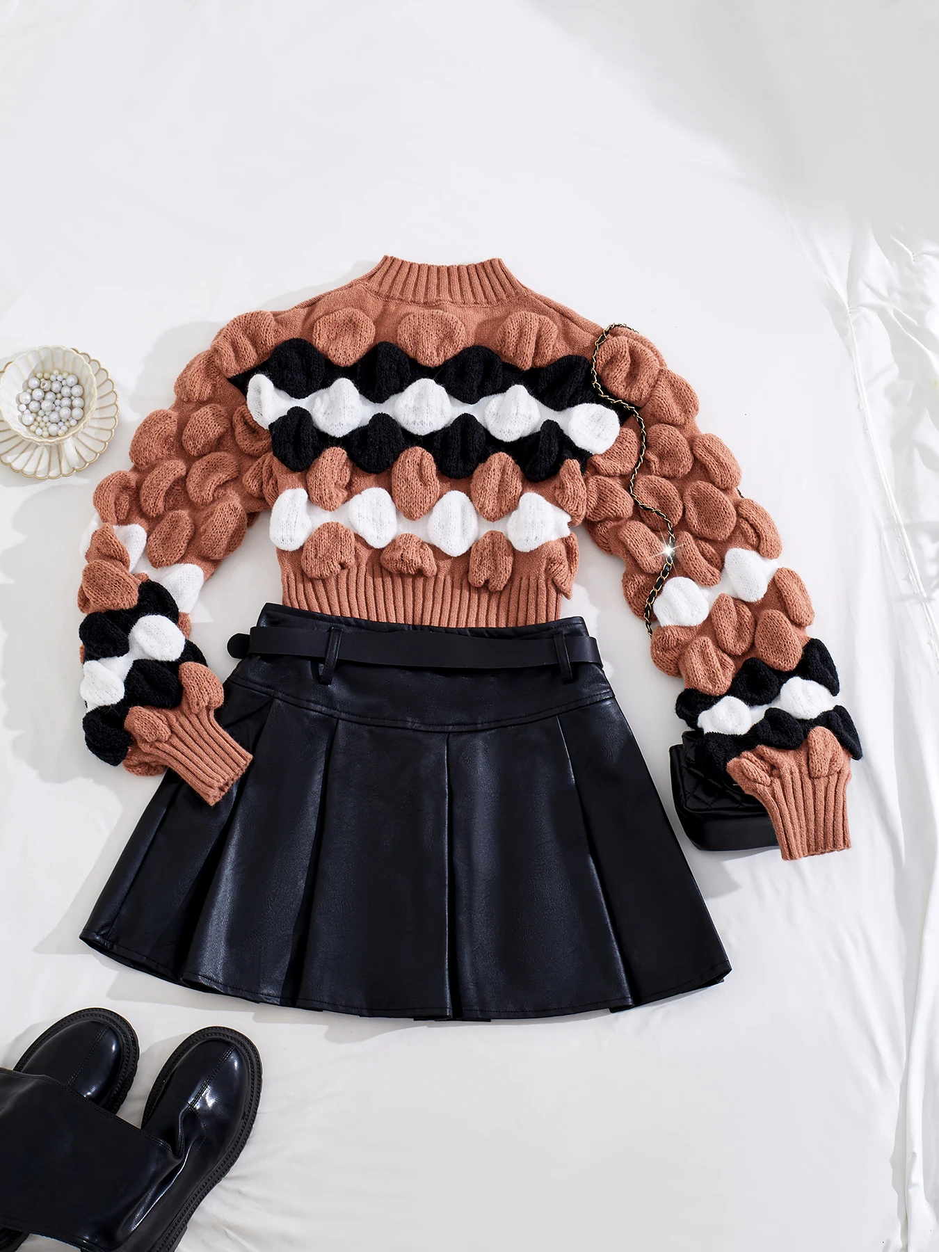 Fashion Bubble Pattern Contrast Color Pullover Long Sleeve Sweater-Women's Tops Hot Wool Soft Knitting