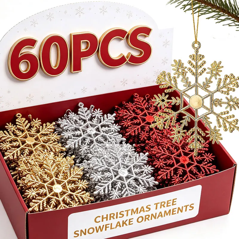 Gold Silver Red Electroplated Snowflake Ornaments Shiny Metallic Christmas Tree Decorations Hollow Lightweight Christmas Decor