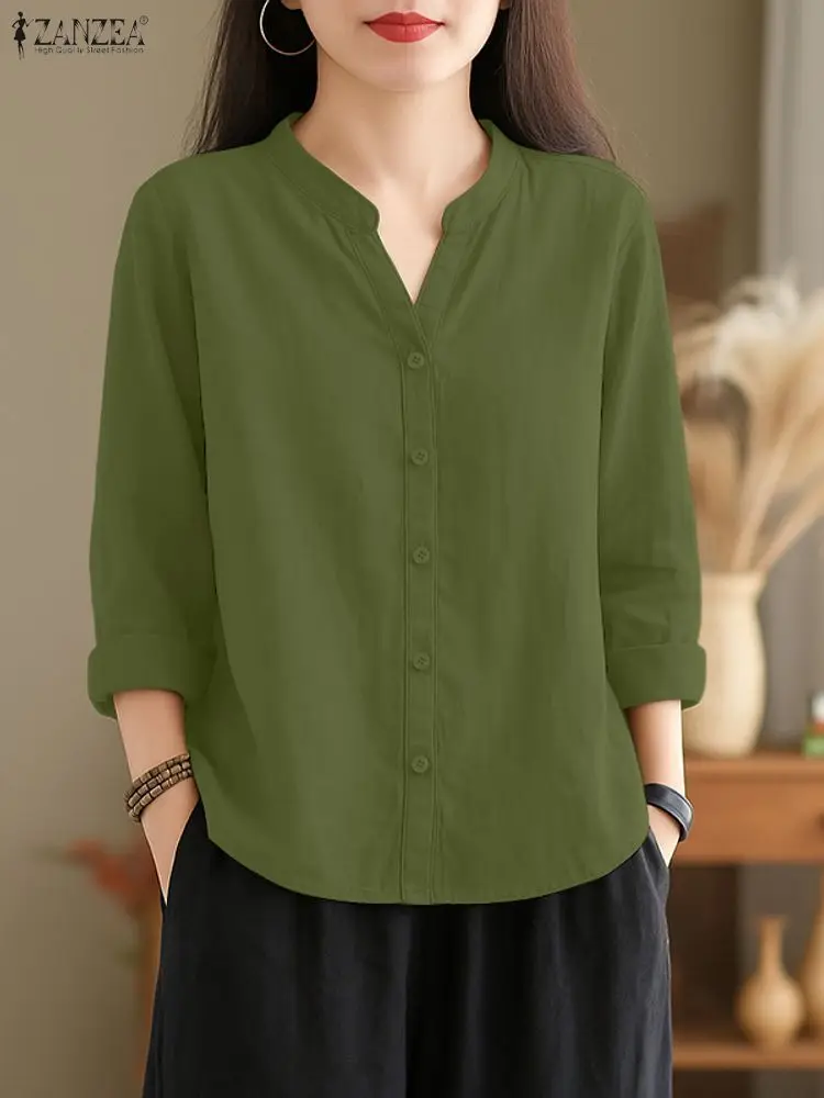 ZANZEA 2025 قميص الخريف موضة المرأة الخامس الرقبة طويلة الأكمام بلايز أنيقة الصلبة OL العمل بلوزة أزرار غير رسمية حتى Blusas تونك فام #3