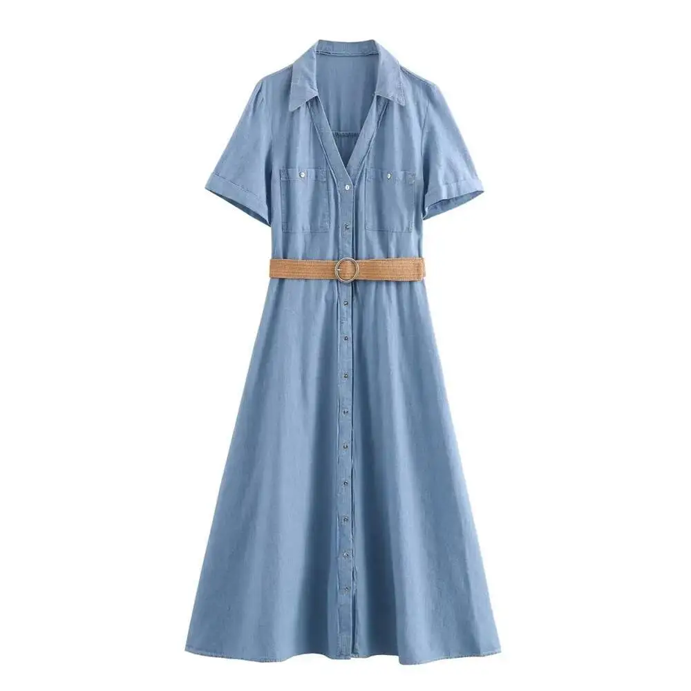 

2025 Summer New Women's European And American Distinctive Western Style, Belt Shirt Style Midi Dress
