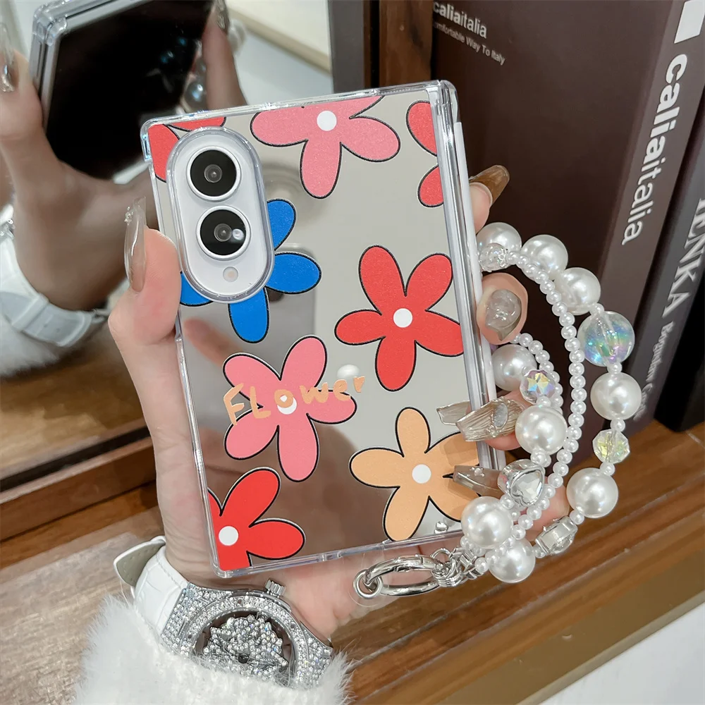 Mirror Flower Print Phone Case For Samsung Galaxy Z Fold 6 7 8 Ultra Cover Luxury Wrist Chain Shockproof Protective Women Girls