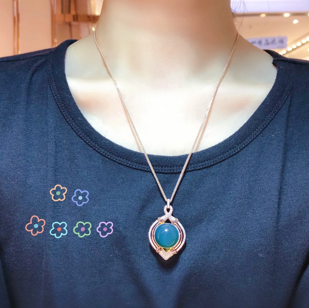 Natural Mexican Blue Amber Pendant 16mm Solid Silver Hollow Openwork Twisted Design Layered Handmade Dainty Jewelry for Women