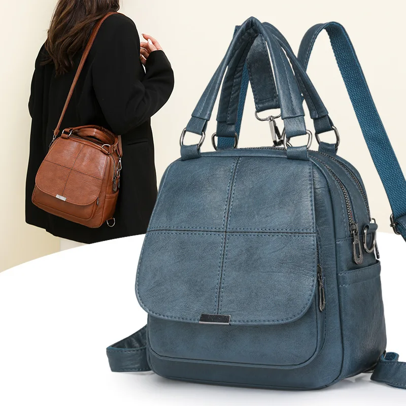 Women Multi Way Faux Leather Backpack Purse Quilted Stitching Multi Pocket Convertible Shoulder Crossbody Handbag For Ladies