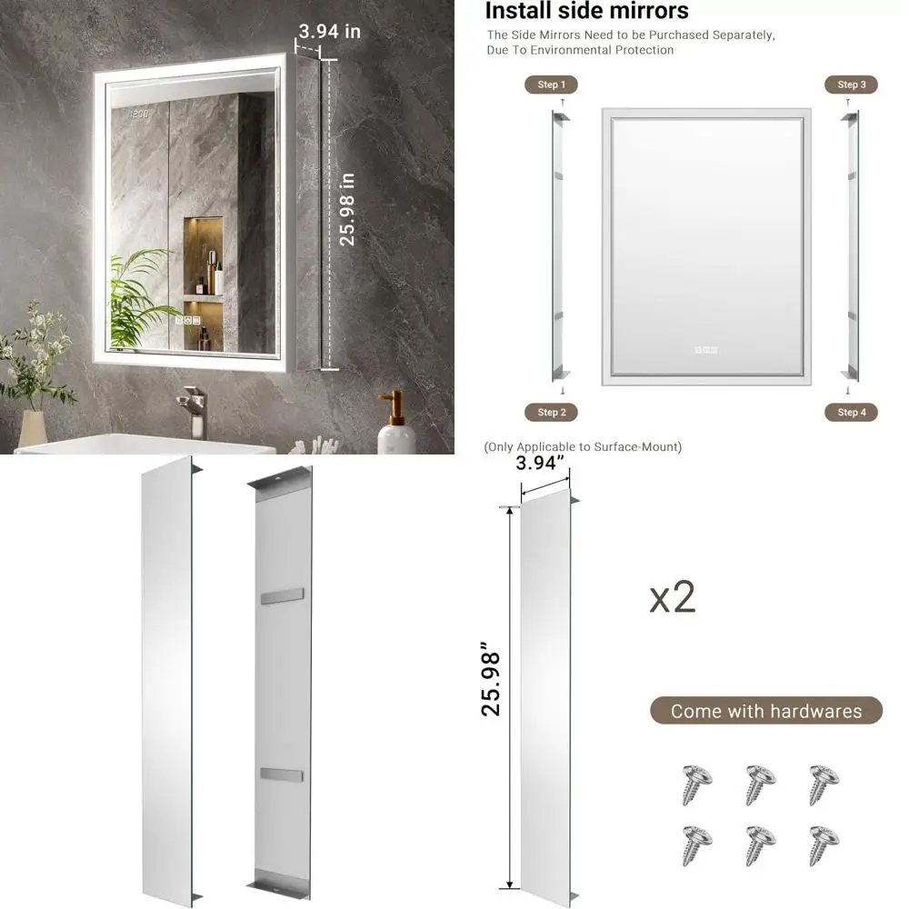 

Декоративный комплект боковых зеркал 4x26 дюймов, 26-дюймовый зеркальный шкаф с подсветкой и скошенными краями, для поверхностного монтажа