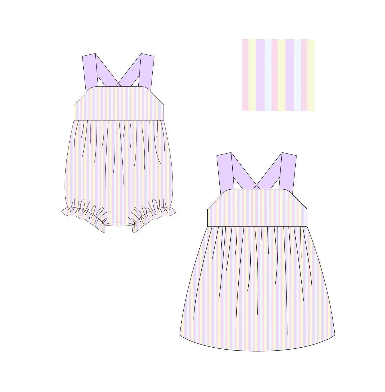 

Girls Summer Clothing Wholesale Camisole Dress bodysuit Purple Stripe Print Boutique Girls Clothing