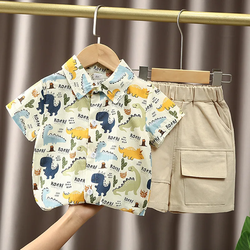 2Piece Summer Toddler Boy Outfits Fashion Cartoon Cute Dinosaur Print Short Sleeve Cotton Baby Tops+Shorts Children's Sets B004