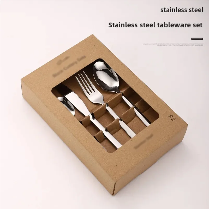 Stainless Steel Tableware Set 16-piece Set Kraft Paper Box Square Handle Titanium-plated Stainless Steel Tableware