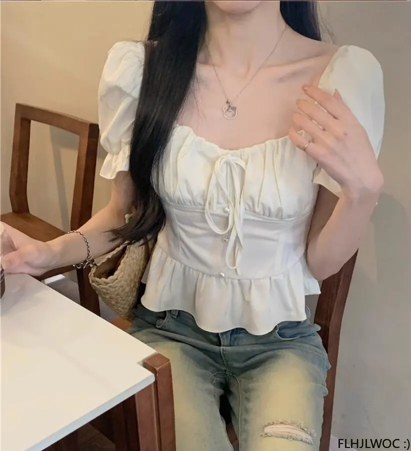 Chic Korea Off Shoulder Crop Tops Blusas Women 2023 Summer Solid Bow Tie Slim Waist A Line Belly Peplum Short Shirts Blouses