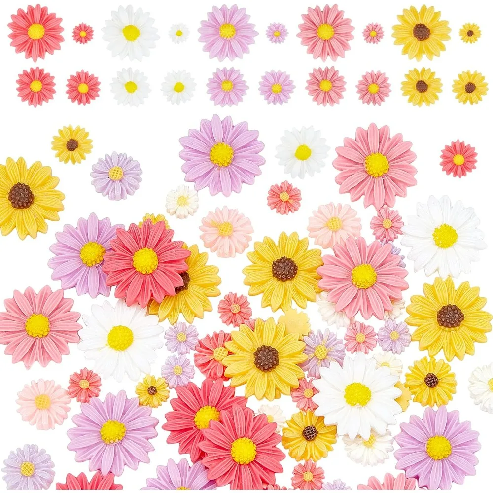 75pcs Flower Daisy Cabochons 5 Colors Resin Flower Charms Slime Charms Flatback Cabochons Embellishment Hair Costume Accessories