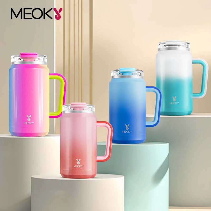 

Meoky 50oz Cup Soft Handle Insulated Tumbler Stainless Steel Multicolor Leak proof Coffee Mug Large Capacity Vacuum Water Bottle