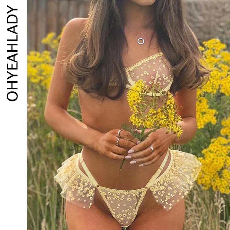 

Ohyeahlady Sexy Women Bikini Bra Panty See Through Floral Underwear Set Mesh Lingerie Briefs Skirt Plus Size Intimate Bras Thong