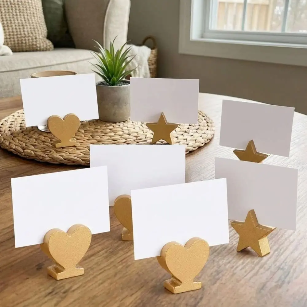 

12PCS Star Heart Shaped Table Number Cards Stands Gold Smooth Surface Place Card Holders Wooden Photo Display Stand Banquet