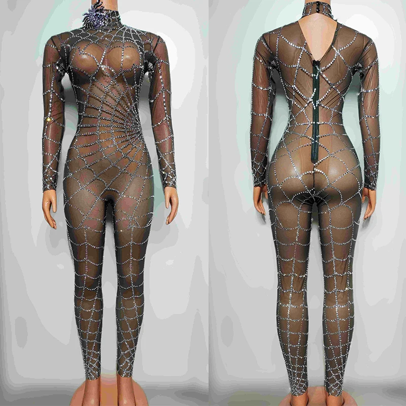 

Sexy Transparent Mesh Jumpsuit Web Rhinestones Pole Dance Costume Singer Stage Wear Clubwear Drag Queen Show Bodysuit