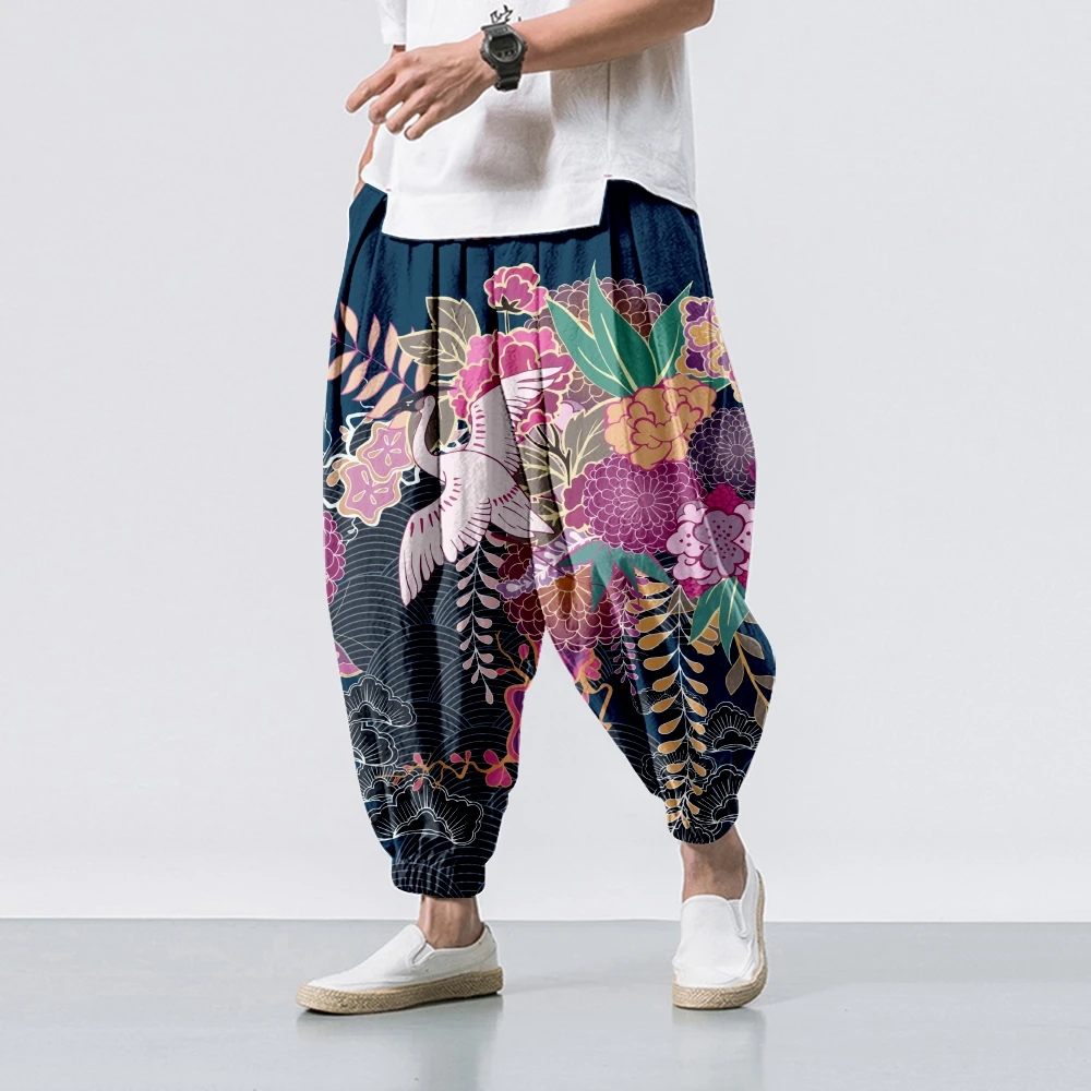 

Модные пляжные брюки-шаровары с принтом «Цветы и журавли» для мужчин, хип-хоп штаны до щиколотки, спортивные джоггеры для мальчиков