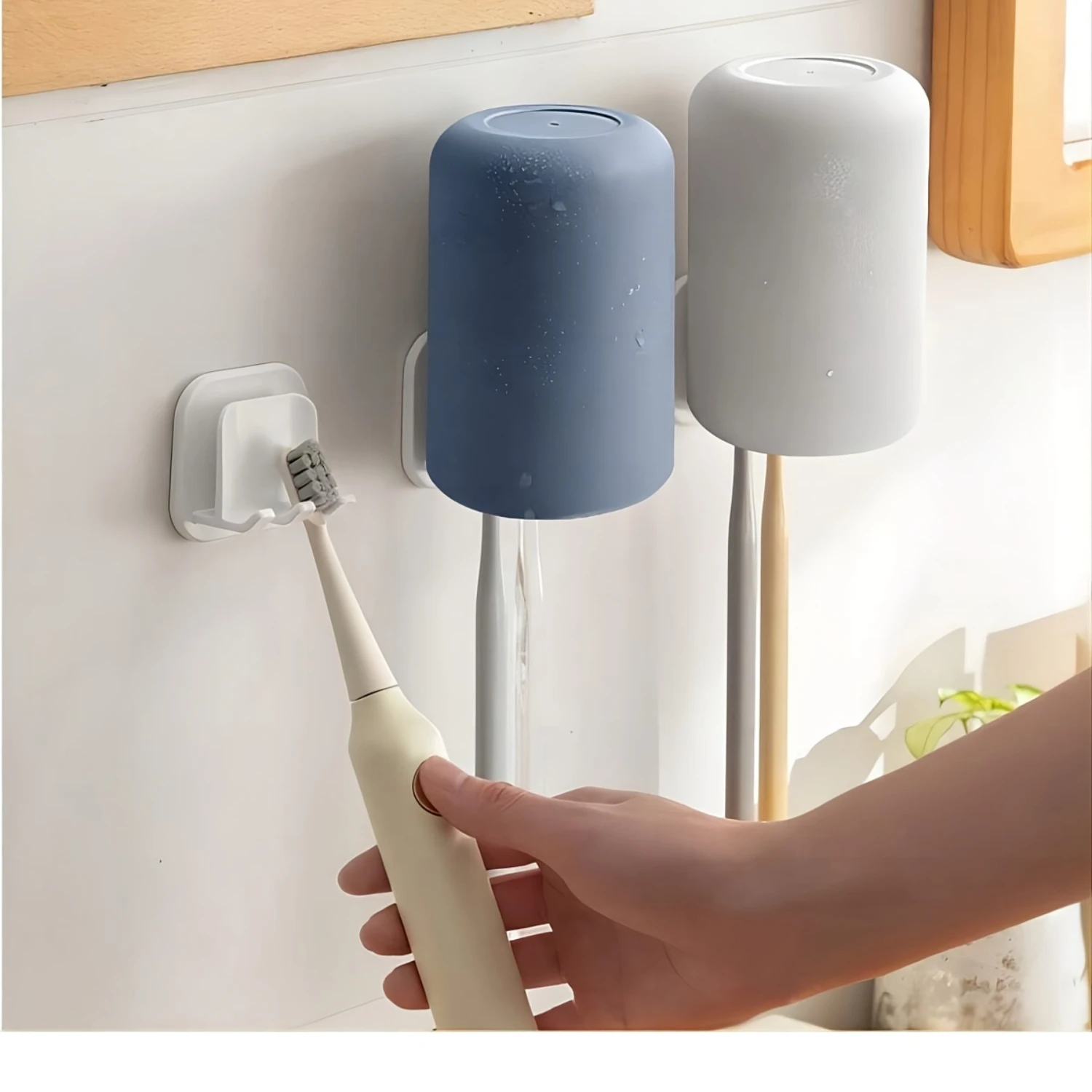 Wall-Mounted Multifunctional Bathroom Organizer - No-Drill  Toothbrush & Cup Holder With Towel Rack, Space-Saving  Solution