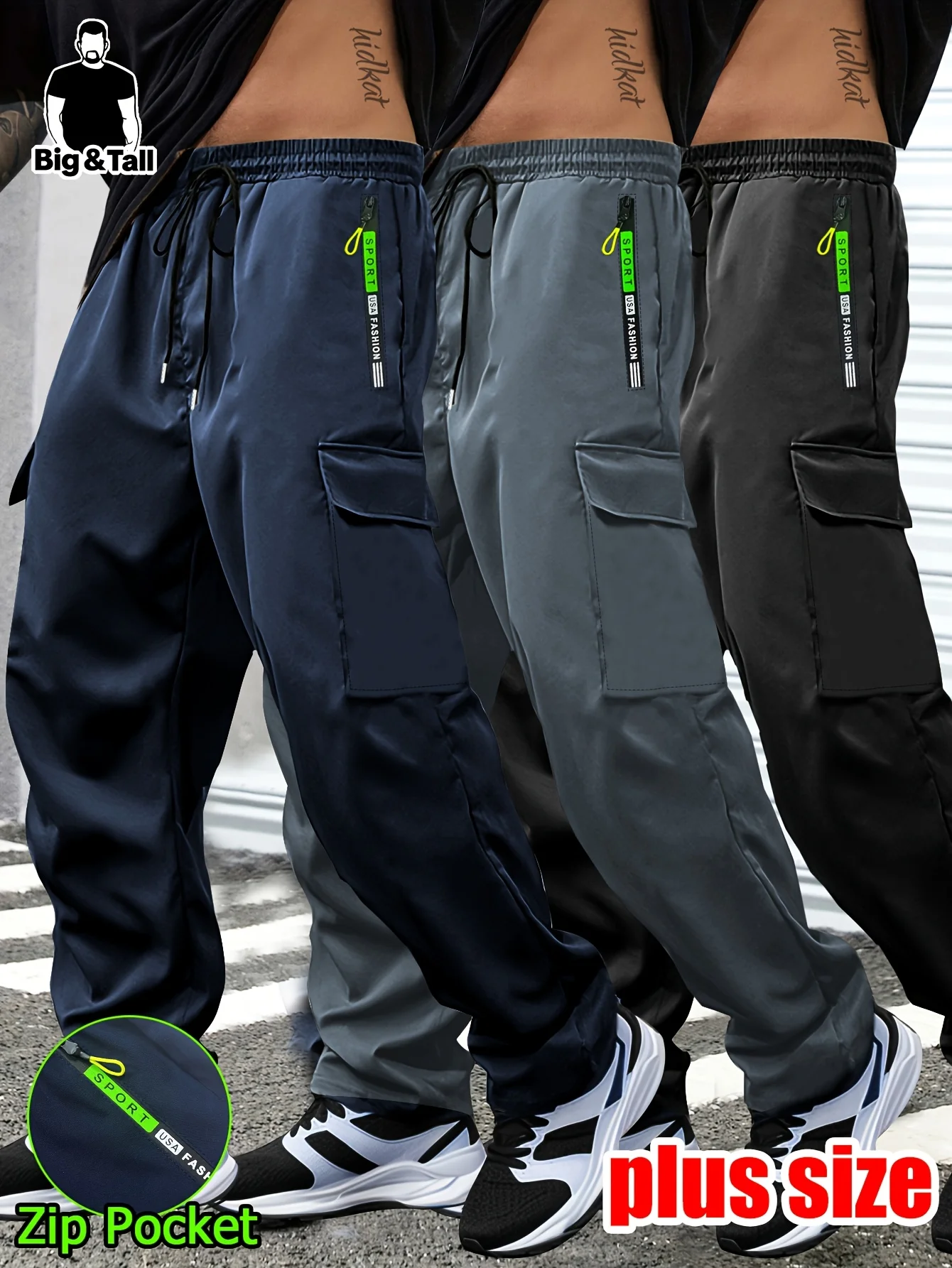 

Men's Cargo Pants Plus Size with Drawstring Elastic Waist Multiple Zipper Pockets Large Side Pockets Breathable Regular Fit