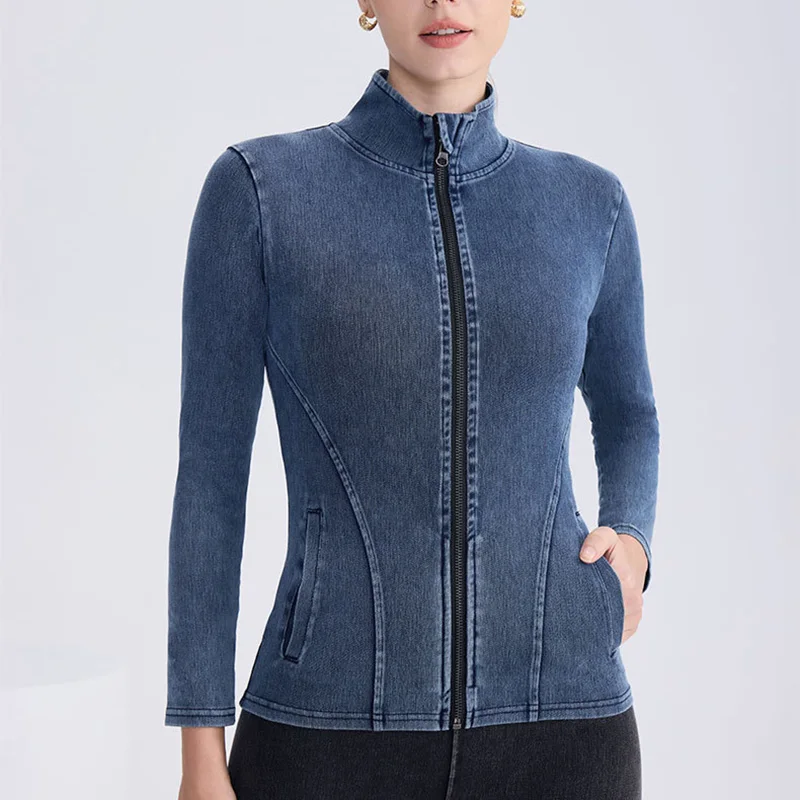 

Спортивные облегающие джинсовые куртки женские осенне-зимние с высоким воротником куртка для йоги женская на молнии с длинным рукавом верхняя одежда для спортзала Mujer
