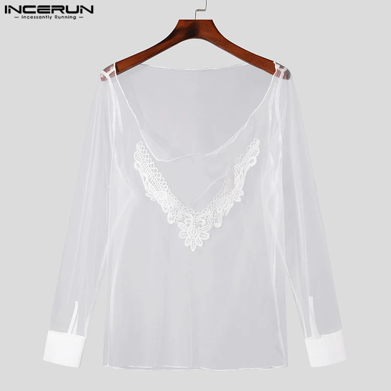 INCERUN Men T Shirt Mesh Lace Patchwork Transparent Sexy V Neck Long Sleeve Camisetas Streetwear 2024 Fashion Men Clothing S-5XL