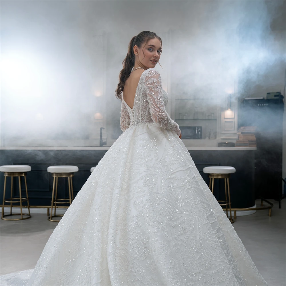 

Customized Dreamy White Jersey Wedding Dress Soft Square Collar Long Sleeves Bridal Gowns Boho A-Line Court Train Robe de mariée