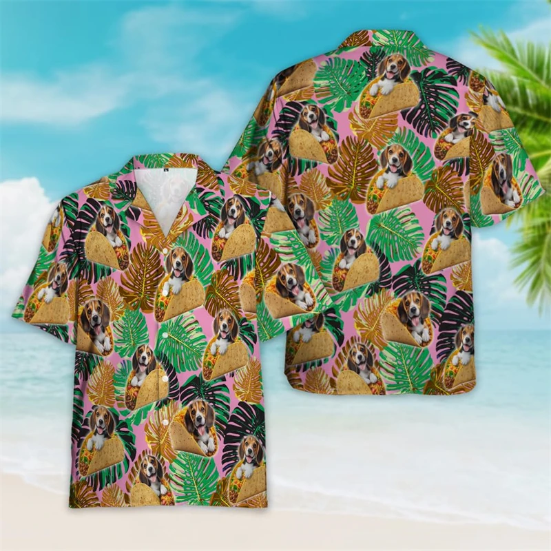 Tropical Dog Taco Graphic Beach Shirts Hip Hop Button Clothing Fashion Beagle Pug Short Sleeve Hawaiian Yorkshire Terrier Shirts