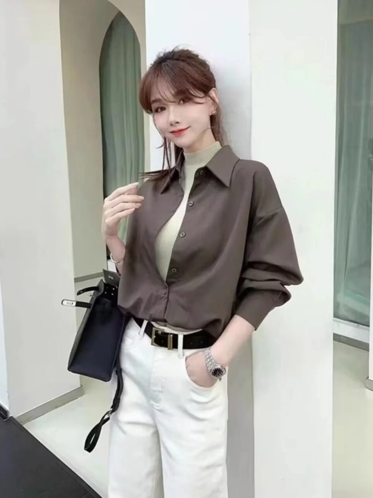 

Autumn 2024 Women's Long Sve irt Fake Two-Piece Design Slimming Ne Polyester Fiber Blend Busin Casual Sle