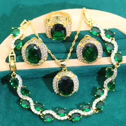 Women Gold-Color Wedding Jewelry Sets Bride Green Cubic Zirconia Dubai Luxurious Bracelet Ring Necklace Earrings Accessories