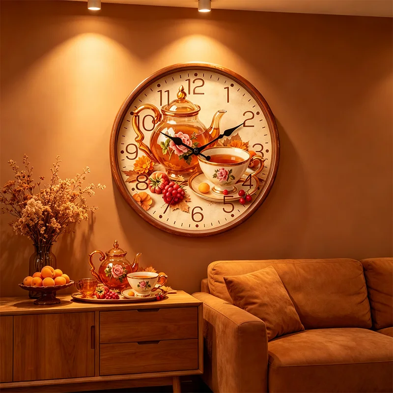 Autumn Tea Set Wall Clock Silent Non‑Ticking Round Retro Brown Wooden Frame Wall Watch Fall Maple Leaf Fruit Floral Teapot Cup Print Farmhouse Kitchen Dining Room Home Wall Decor Gift
