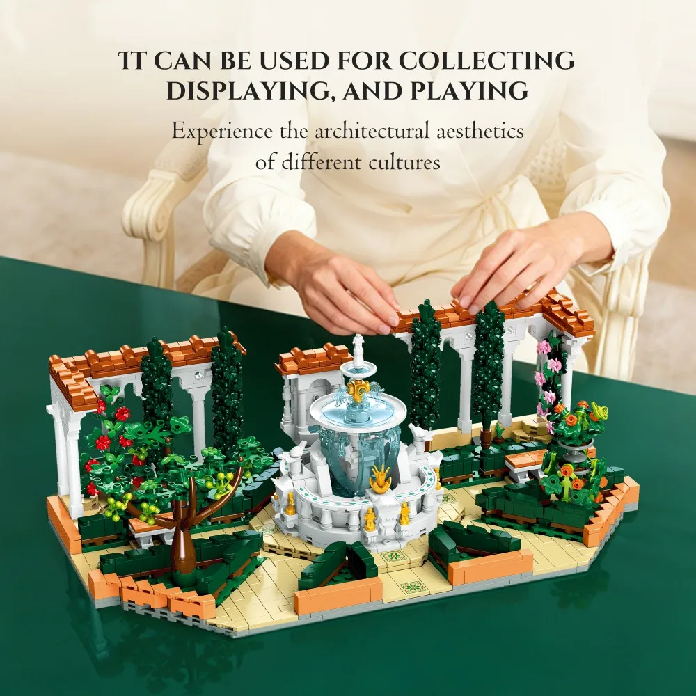 European Fountain Garden Architecture Building Set - Classic Landscape Model with Plants & Plaza, DIY Display Art for Adults