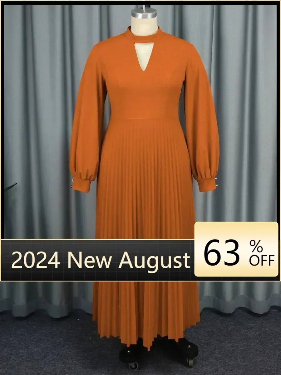 Plus Size Women Brown Maxi Pleated Party Dress Long Lantern Sleeve O Neck Cut Out Chest A-line Formal Celebrate Church Robes New