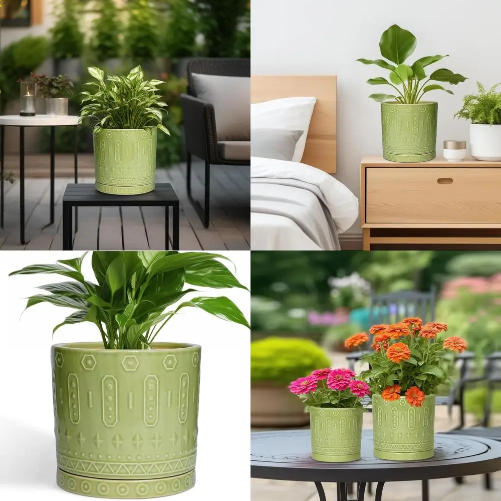 

Зеленые 8-дюймовые круглые керамические горшки для растений с дренажем для комнатных и наружных растений, декоративные цветочные горшки в стиле бохо, идеально подходят для Ho