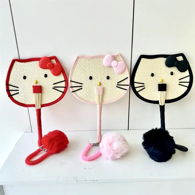 アニメかわいいハローキティわら織りヤシファン小麦わら手作りファンハローキティガールかわいい夏ファン漫画かわいいアクセサリー