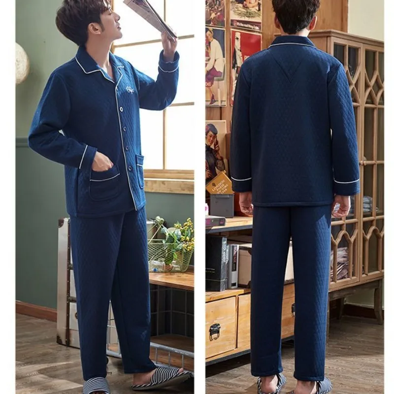 2024 New Men Pajamas Autumn Winter Cotton Long-sleeved Loungewear Cotton Padded Plus Homewear Plus Plus Plus Size Sleepwear Suit