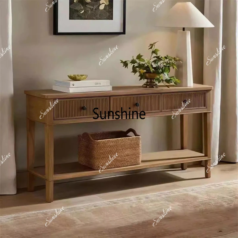 

American rural solid wood entrance platform, living room storage, square entry strip rack