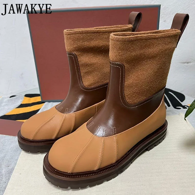 

Popular Brand Woolen Snow Boots Winter Flat Platform Ankle Boots Color Blocking Leather Patchwork Chelsea Boots Botas Mujer