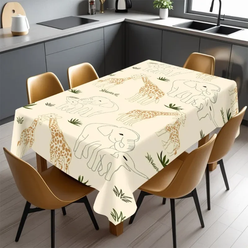 One fun cartoon giraffe and elephant tablecloth - Tropical leaf pattern soft polyester machine-washable white table coverxzj