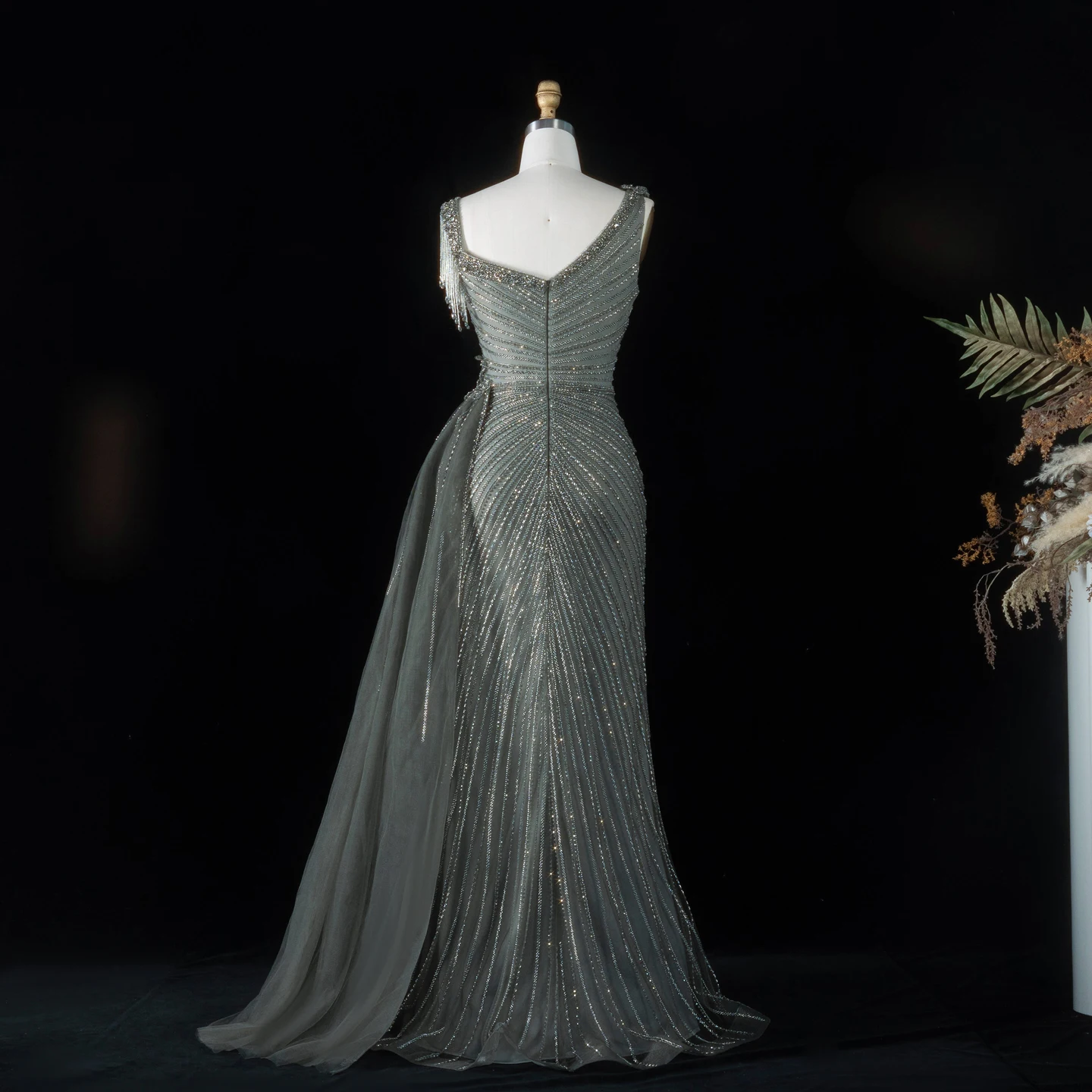 Sharon Said Abendkleid Glamouröses Grünes Tüllkleid mit Perlen und Quasten, Sweetheart-Ausschnitt, Luxuriöses Dubai-Formelles Hochzeits- und Partykleid SS103 Maßanfertigung – Detail 16