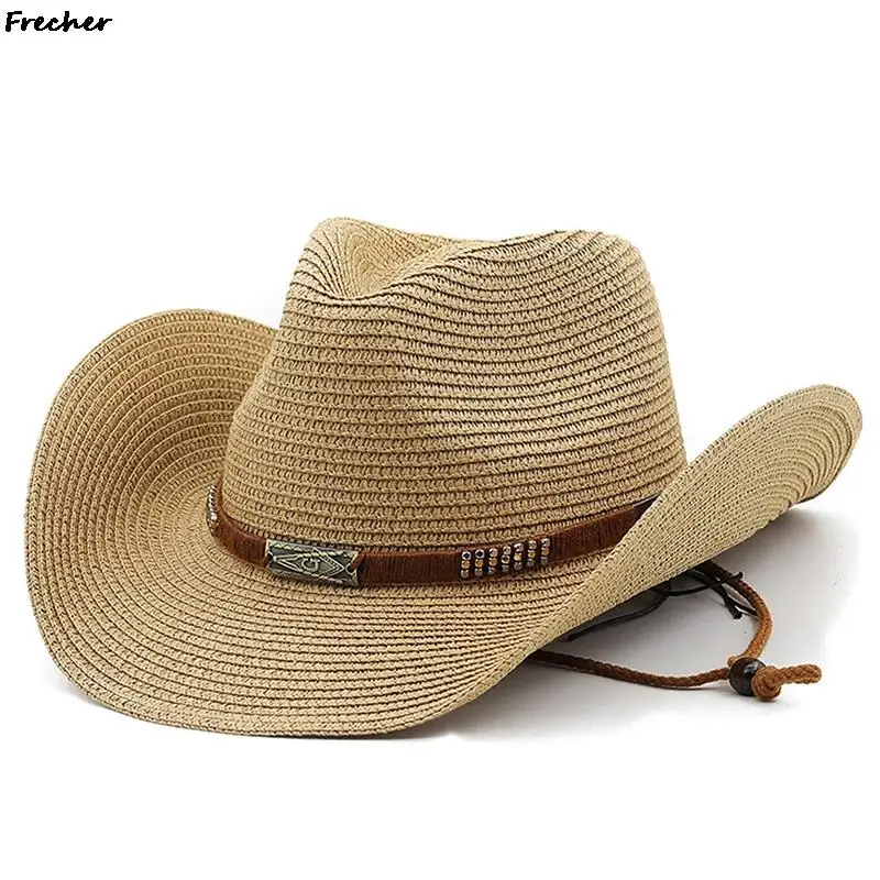 Men Western Cowboy Hat Straw Knight Sun Hats Male Retro Beach Caps Summer Holiday Travel Fedora UV Protection Riding Gorras