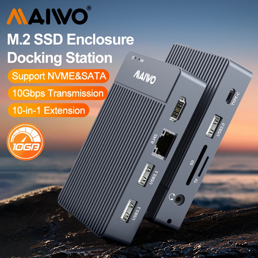 

MAIWO USB C Hub with 10Gbps M.2 NVMe SATA SSD Enclosure with 4K HDMI PD100W 1000Mbps Ethernet, USB3.1 GEN2 SD/TF Card Reader