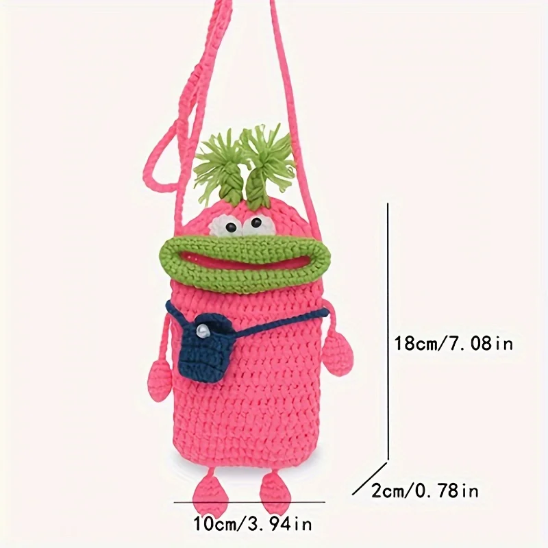 Handmade Crochet Phone Bag Knitted Sausage Mouth Funny Bag Ugly Cute Small Bag Cross Body Cell Phone Bag Purse for Women Girls