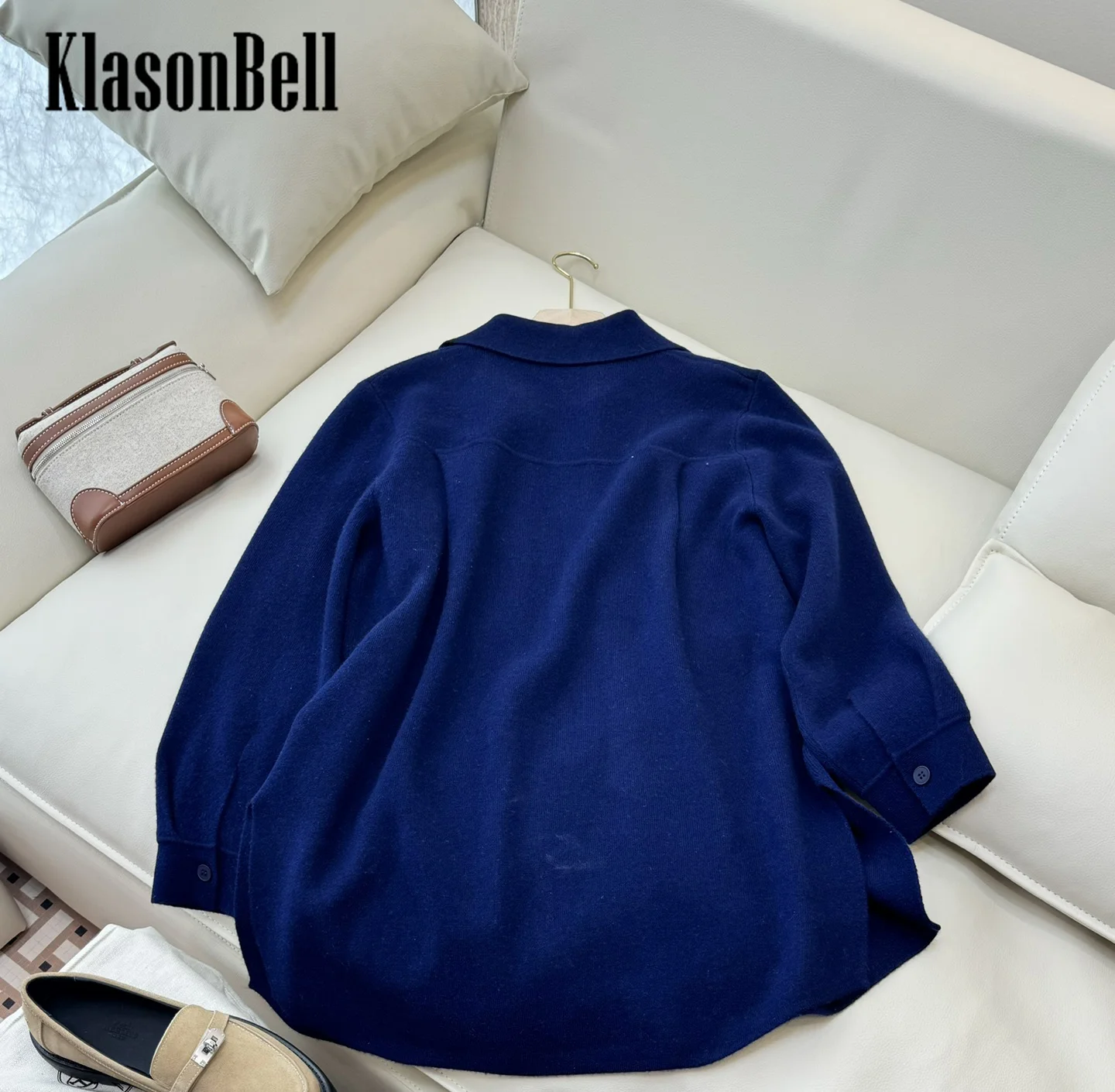 9.4 KlasonBell Women\'s Embroidery Letter 100% Wool Knit Long Sleeve Cardigan Double Pocket Buttonless Lapel Side Split Coat