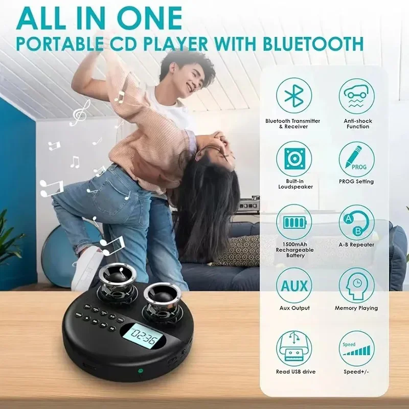 Portable Is CD Player Two-way Bluetooth 5.0 Built-in Speaker HIFI CD Music Walkman ASP Rechargeable USB Lossless Playback