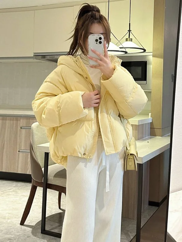 

Желтая женская хлопковая куртка с капюшоном, модная, универсальная, теплая, новинка зимы 2025, в корейском стиле, свободный крой, на молнии