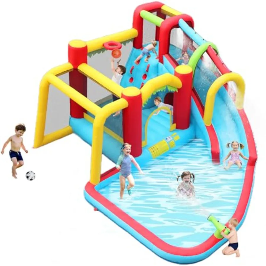 Aufblasbare Hüpfburg mit Gebläse zum Aufblasen, Springen, Hüpfburg mit Rutsche, Kletterwand, Basketball, lustiger Tunnel, Fußball, P