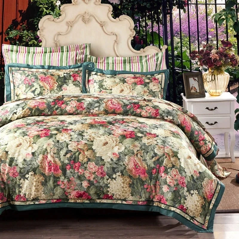 Vintage Chic Flowers Vibrant Blossom Bedding 1Duvet Cover+1Flat Sheet+2Pillowcases Cotton Satin Gorgeous Soft Easy care not fade