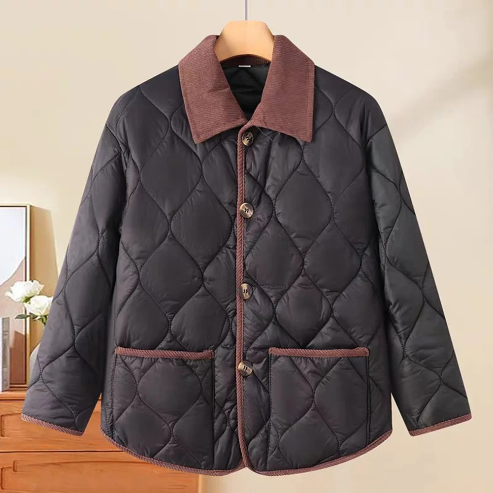 Womens Regular Fit Corduroy Jacket Solid Color Wavy Quilted Pattern Polyester Blend Lapel Contrast Trim Lightweight