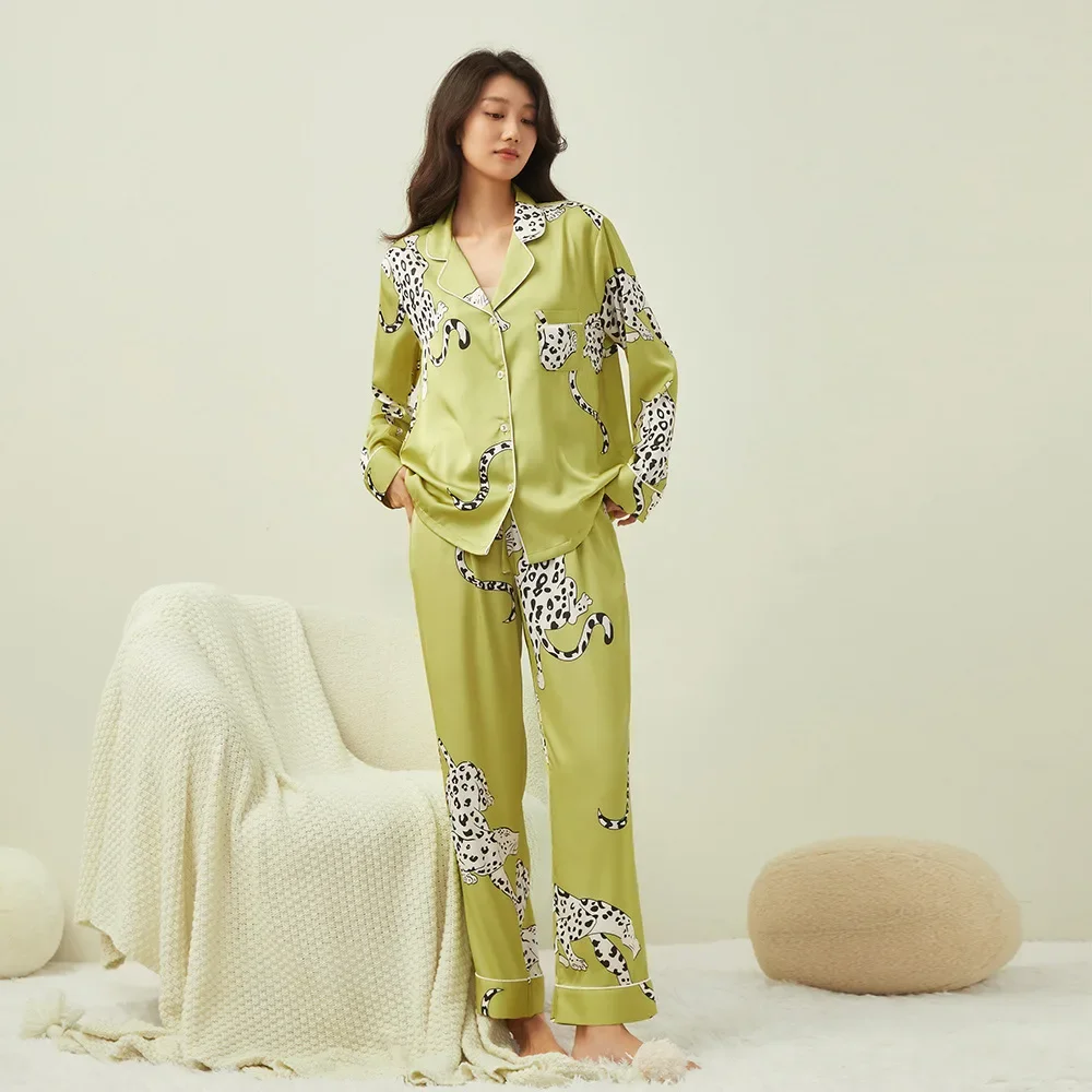 Secret Leopard series women\'s pajamas, long-sleeved trousers, ice silk loungewear, two-piece set pijama mujer pijamas women